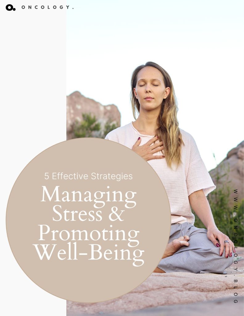 Cover Page of the Guide: 5 Effective Strategies for Managing Stress and Promoting Well-Being. On the cover a woman with long brown hair is sitting cross-legged in a yoga pose on a pink blanket wearing grey shorts and a white linen shirt.